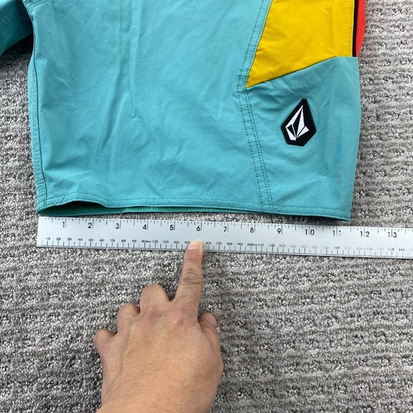 VOLCOM Swim Trunks Men 38 Teal Yellow Orange Bathing Suit Board Shorts Surfing - Picture 14 of 14